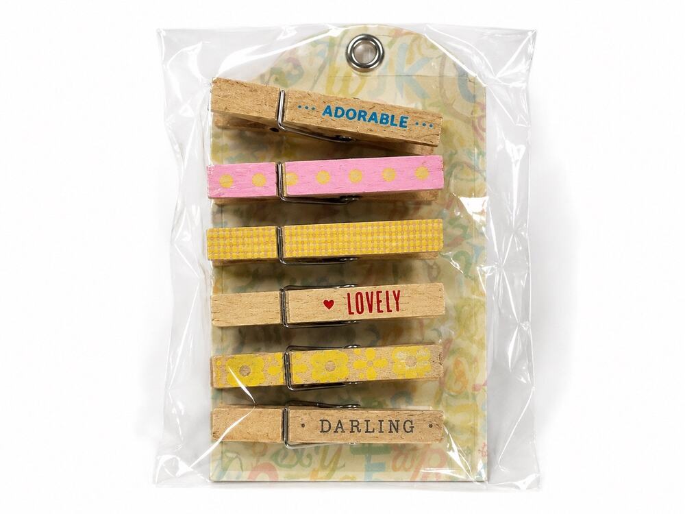 Set of 6 Decorative Screen Printed Wooden Clothespins Adorable, Lovely & Darling